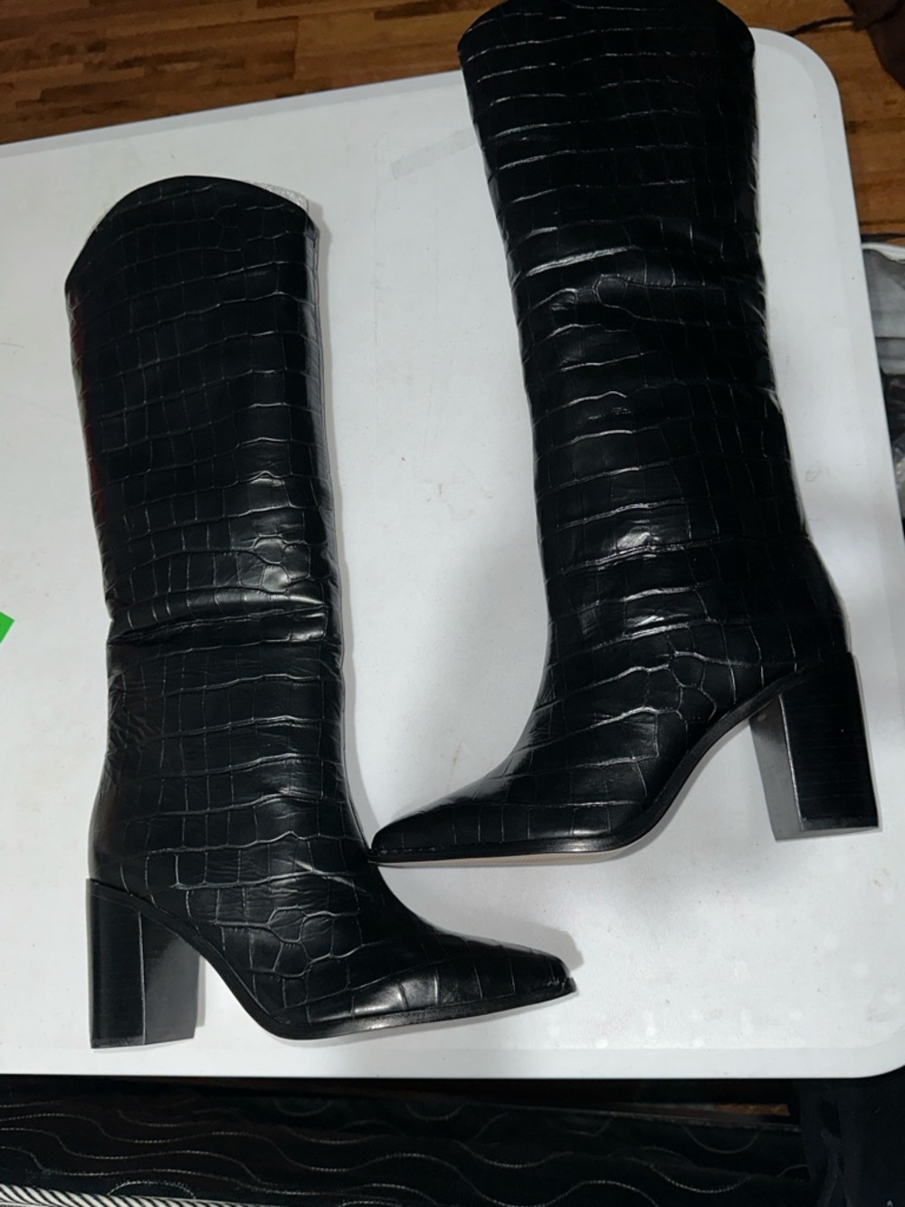SCHUTZ Black Croc-Embossed Mid-Calf Block Heel Boots